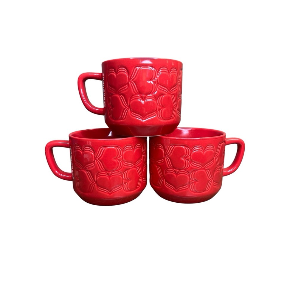 3x Starbucks Valentines Day Red Embossed Hearts Mugs 12oz 2018 Limited set of 3